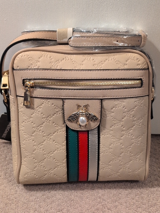 American Bee Handbags - Beige Crossbody Bag with Bee Emblem and Tricolor Stripe With Matching L Wallet